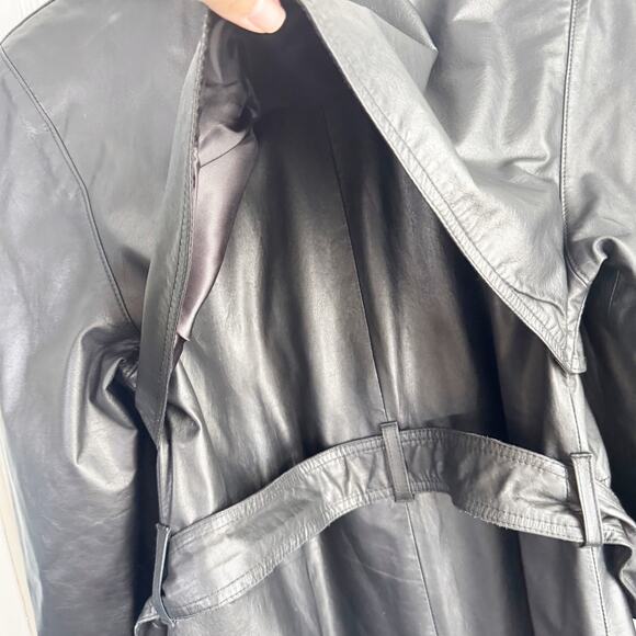 Vintage Etienne Aigner 100% Leather Trenchcoat Long Belted Black Size Medium M - Picture 14 of 16